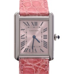 Cartier Pink Stainless Steel and Leather Tank Solo Women's Wristwatch 23x31MM