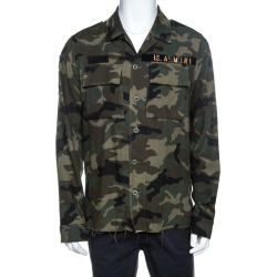 Amiri Green Camo Print Cotton Raw Edge Distressed Military Shirt L
