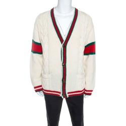 Gucci Off White Wool Web Striped Cable Knit Cardigan L