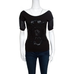 GF Ferre Black Sequin Embellished Plunge Back Neck Top XXS