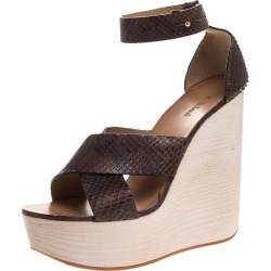 Chloe Brown Python Leather Cross Strap Wooden Wedge Ankle Strap Sandals Size 40