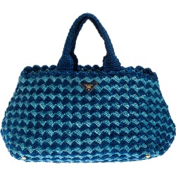 Prada Blue/Turquoise Raffia Crochette Shopper Tote