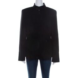 Escada Black Wool Crepe Chain Detail Stand Collar Jacket L