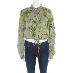 See by Chloe Khaki Green Abstract Butterfly Print Cropped Military Shirt M