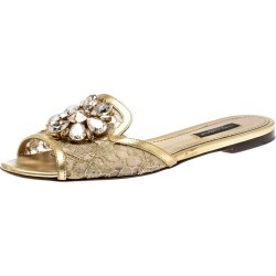 Dolce and Gabbana Metallic Gold Lace And Leather Trim Sofia Crystal Embellished Slides Size 36.5