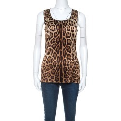 Dolce and Gabbana Beige Leopard Print Silk Sleeveless Top M