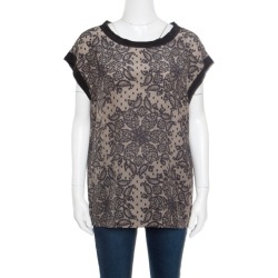 Dolce and Gabbana Beige and Black Lace Printed Silk Raw Edged Top M