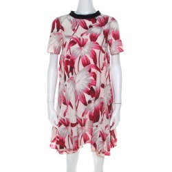 Marni Pink Floral Print Cotton Blend Zipper Detail Layered A Line Dress XS