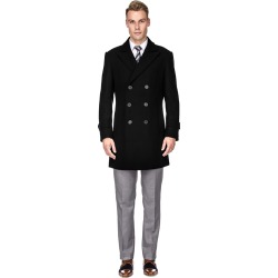Men's Double- or Single-Breasted Peacoat Wool Blend Dress Jacket - Double-Breast - Black - Large