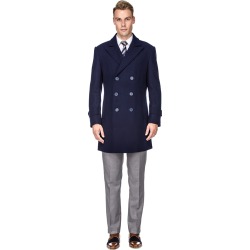 Men's Double- or Single-Breasted Peacoat Wool Blend Dress Jacket - Double-Breast - Navy - X-Large