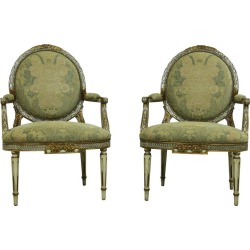 Pair Karges French Louis XVI Style Upholstered Armchairs found on Bargain Bro Philippines from Chairish for $3595.00