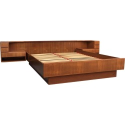 Danish Mid Century Modern Teak Queen Platform Bed by Komfort W/Attached Nightstands and Storage Drawers