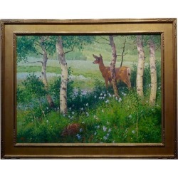 Ralph Oberg -Mama Deer & Her Fawn Looking Over a Spring Landscape-Oil Painting found on Bargain Bro from Chairish for USD $15,200.00