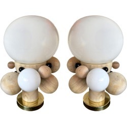 Contemporary Pair of Brass Opaline Murano Glass and Wood Atomo Lamps, Italy
