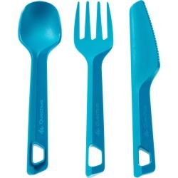 Set of 3 hiker's camp plastic cutlery items (knife, fork, spoon) - blue