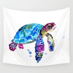 Sea Turtle, Blue Purple Turtle Illustration, Sea Turtle Design Wall Hanging Tapestry by Surenart - 51" x 60"