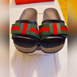 Gucci Shoes | Excellent. 100% Authentic Gucci Black Leather Trim, Satin And Fabric Web | Color: Green/Red | Size: 37