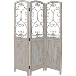 48 inch 3 Panel Screen with Metal Scrollwork, Washed Beige (Black)