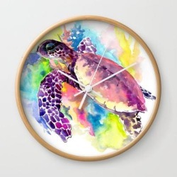 Sea Turtle In Coral Reef, Tropical Colors Sea World Purple Yellow Blue Turtle Art, Turtle Illustrati Wall Clock by Surenart - Natural - White