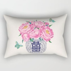 Peony Bouquet In Ginger Jar/cream Rectangular Pillow by Vivdesign - Small (17" x 12")