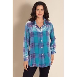 Women's Plaid Velvet Big Shirt by Soft Surroundings, in Teal Blue size 2XS (0)