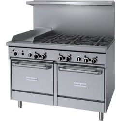 Garland GFE48-6G12LL Liquid Propane 6 Burner 48" Range with Flame Failure Protection and Electric Spark Ignition, 12" Griddle, and 2 Space Saver Ovens - 240V, 238,000 BTU