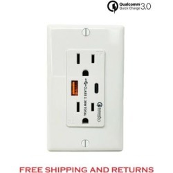 White 15A Qualcomm Quick Charge Outlet 3.0 Type A & C USB Charger Tamper-Resistant Receptacle Wall Plate Included (1 Pack)