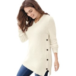 Plus Size Women's Side Button V-Neck Waffle Knit Sweater by Woman Within in Ivory (Size 34/36) Pullover found on Bargain Bro Philippines from fullbeauty for $49.79