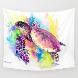 Sea Turtle In Coral Reef, Tropical Colors Sea World Purple Yellow Blue Turtle Art, Turtle Illustrati Wall Hanging Tapestry by Surenart - 51" x 60"
