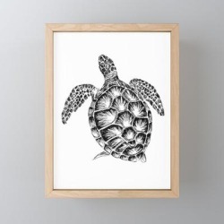 Sea Turtle Print In Black And White Framed Mini Art Print by Rachel's Fine Lines - Light Wood - 3" x 4"