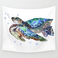 Sea Turtle, Green Blue, Sea Turtle Under Water, Sky Blue Wall Hanging Tapestry by Surenart - 51" x 60"