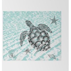 Sea Turtle Print In Black And White Bed Throw Blanket by Rachel's Fine Lines - 51" x 60" Blanket