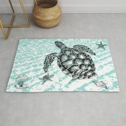 Sea Turtle Print In Black And White Modern Throw Rug by Rachel's Fine Lines - 2' x 3'