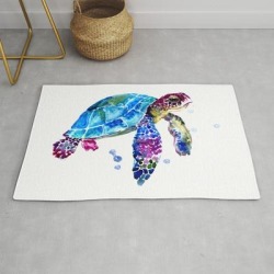 Sea Turtle, Blue Purple Turtle Illustration, Sea Turtle Design Modern Throw Rug by Surenart - 2' x 3'