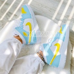 Nike Shoes | Nike Custom Air Jordan 1 Mid Sneakers | Color: Blue/Yellow | Size: Various