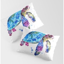 Sea Turtle, Blue Purple Turtle Illustration, Sea Turtle Design King Size Pillow Sham by Surenart - STANDARD SET OF 2 - Cotton