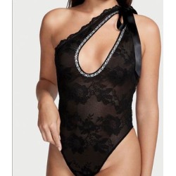Victoria's Secret Intimates & Sleepwear | New Small, One-Shoulder, Lace & Rhinestone Plunge Teddy | Color: Black | Size: S found on Bargain Bro from poshmark, inc. for USD $57.00