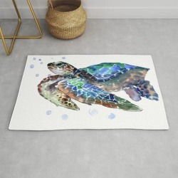 Sea Turtle, Green Blue, Sea Turtle Under Water, Sky Blue Modern Throw Rug by Surenart - 2' x 3'