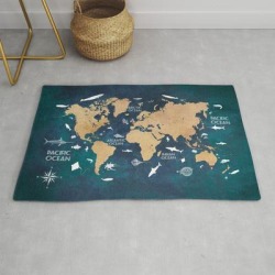 World Map Oceans Life Blue #map #world Modern Throw Rug by Justyna Jaszke Jbjart - 2' x 3'