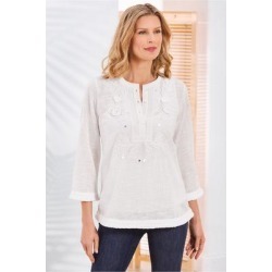 Women's Moonflower Gauze Top & Tank by Soft Surroundings, in White size XS (2-4)