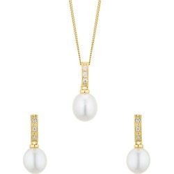 Gold Tone Cultured Freshwater Pearl Cubic Zirconia Gift Set