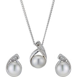 Silver Diamond & Cultured Pearl Pendant & Earrings Set