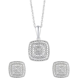 Silver Diamond Square Stud Earrings & Pendant Gift Set