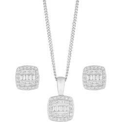 9ct White Gold 1/4ct Diamond Baguette Earring & Necklace Set