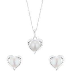 Silver Cultured Freshwater Pearl Heart Jewellery Gift Set