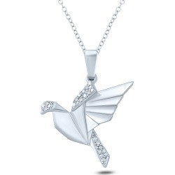 Diamond Accent Origami Flying Bird Pendant Necklace in Sterling Silver