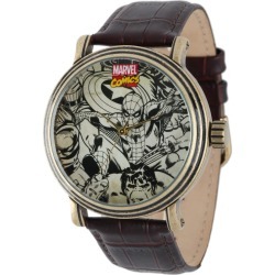 Marvel Vintage Black & White Avengers Antique Gold Tone/Leather Watch