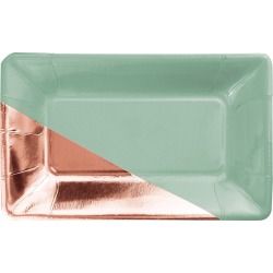 Mint and Rose Gold Foil Rectangular Paper Plates by Elise - 24 Count