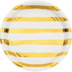 White and Gold Foil Striped Paper Plates - 24 Count