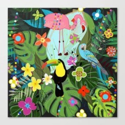 Canvas Print | Parrots, Toucan And Flamingo Tropical Birds Tropical Forest Pattern by Gulsengunel - LARGE - Society6